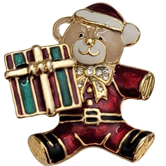 Red Green Enamel Clear Rhinestone Christmas Bear With Gift Trembler Brooch, K826 - Picture 2 of 10